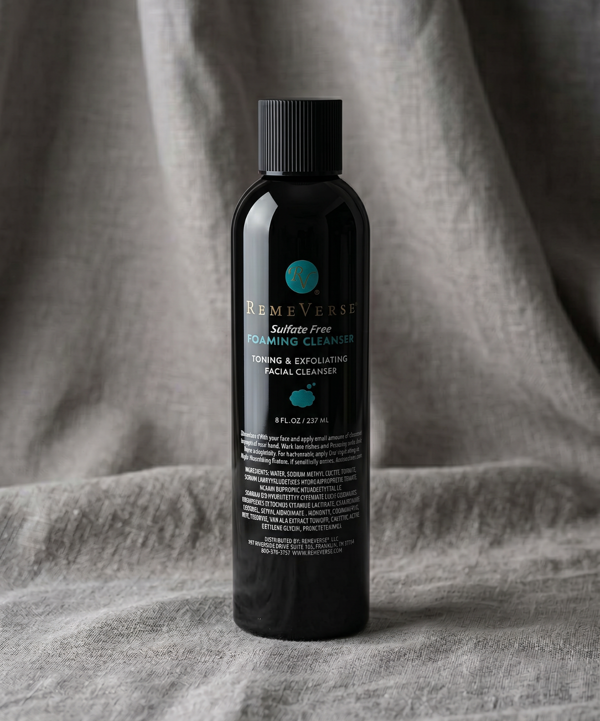 RemeVerse Sulfate Free Foaming Cleanser bottle on linen backdrop