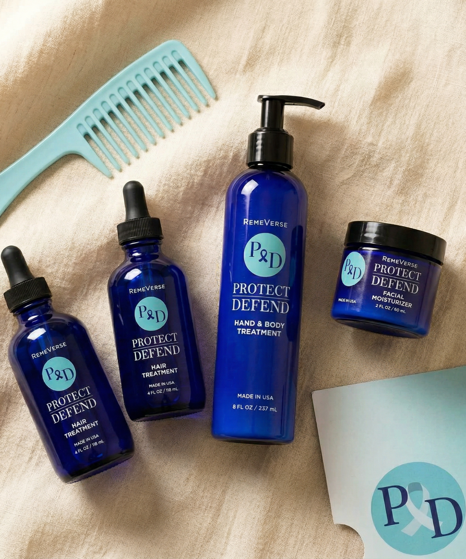 RemeVerse Chemo Care Kit products and wide-tooth comb arranged in a flat lay