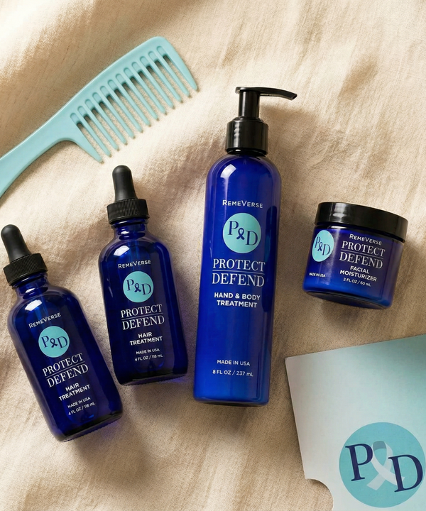 RemeVerse Chemo Care Kit products and wide-tooth comb arranged in a flat lay