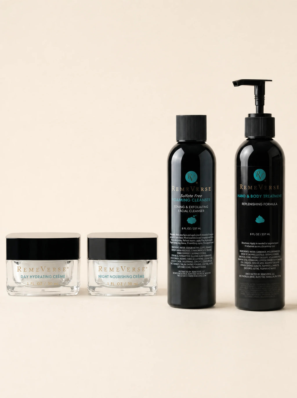 RemeVerse Original Skin-Perfecting System cleanser, creams, serum, and body treatment