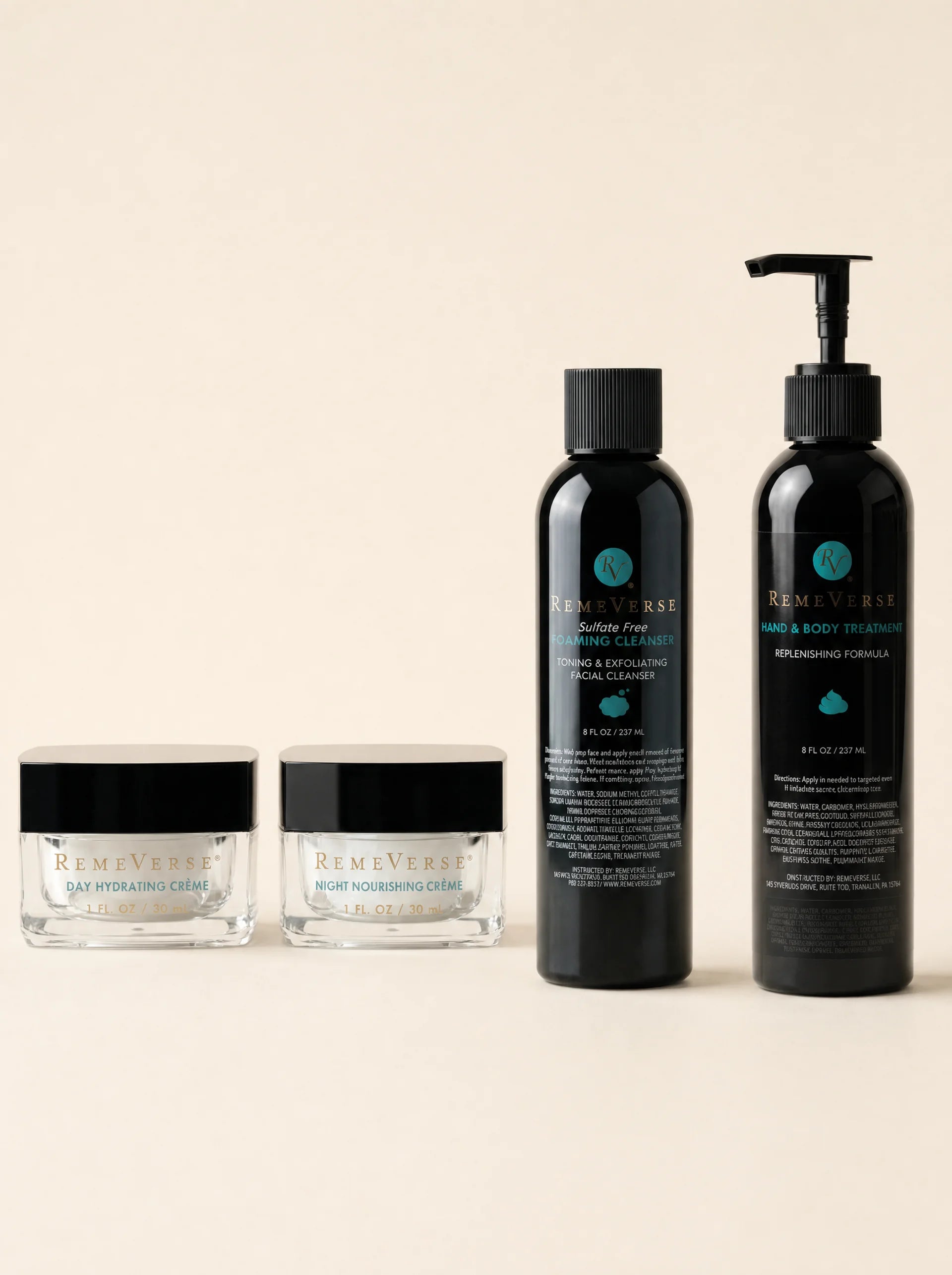RemeVerse Original Skin-Perfecting System cleanser, creams, serum, and body treatment
